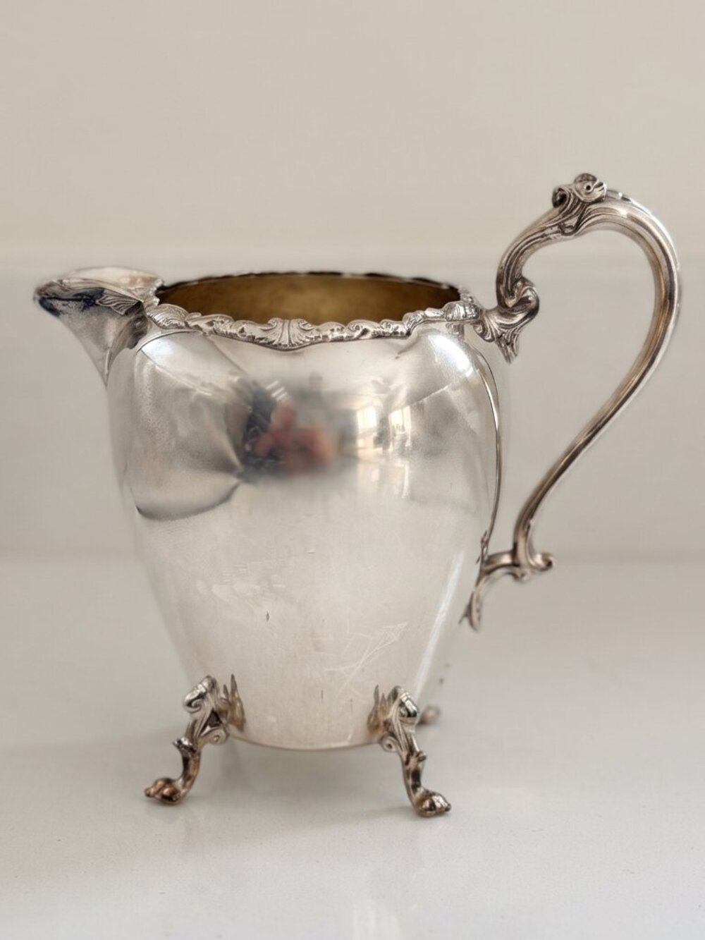 Vintage Sheridan Silverplate Footed Water Pitcher Gold Wash Interior Baroque 9in